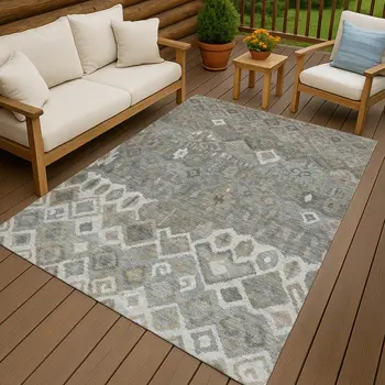 9' X 12' Pewter Ivory And Tan Geometric Washable Indoor Outdoor Area Rug