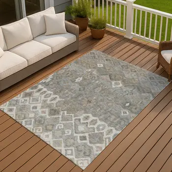 10' X 14' Pewter Ivory And Tan Geometric Washable Indoor Outdoor Area Rug