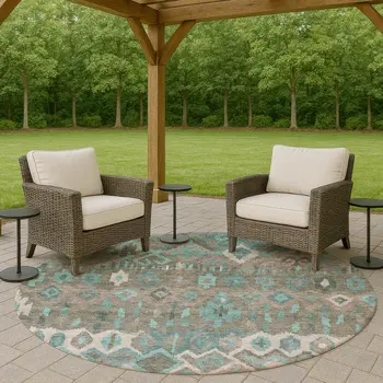 8' Teal Blue Gray And Ivory Round Geometric Washable Indoor Outdoor Area Rug