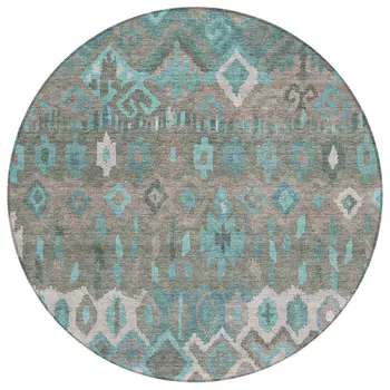 8' Teal Blue Gray And Ivory Round Geometric Washable Indoor Outdoor Area Rug