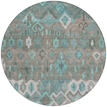 8' Teal Blue Gray And Ivory Round Geometric Washable Indoor Outdoor Area Rug