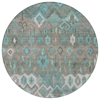 8' Teal Blue Gray And Ivory Round Geometric Washable Indoor Outdoor Area Rug