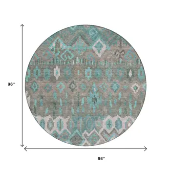 8' Teal Blue Gray And Ivory Round Geometric Washable Indoor Outdoor Area Rug