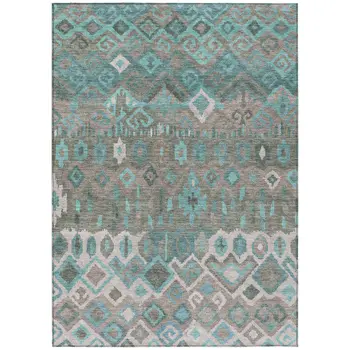 8' X 10' Teal Blue Gray And Ivory Geometric Washable Indoor Outdoor Area Rug
