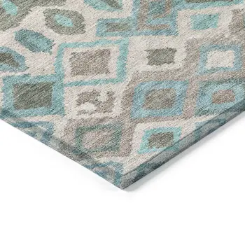 8' X 10' Teal Blue Gray And Ivory Geometric Washable Indoor Outdoor Area Rug