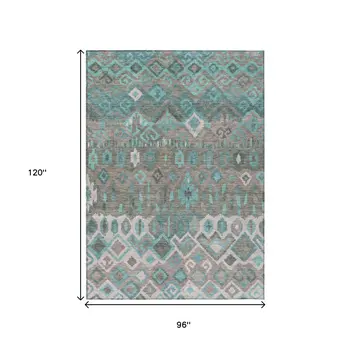 8' X 10' Teal Blue Gray And Ivory Geometric Washable Indoor Outdoor Area Rug