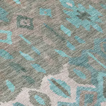 8' X 10' Teal Blue Gray And Ivory Geometric Washable Indoor Outdoor Area Rug