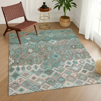 8' X 10' Teal Blue Gray And Ivory Geometric Washable Indoor Outdoor Area Rug