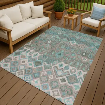 8' X 10' Teal Blue Gray And Ivory Geometric Washable Indoor Outdoor Area Rug