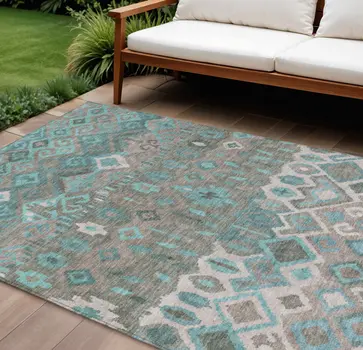 9' X 12' Teal Blue Gray And Ivory Geometric Washable Indoor Outdoor Area Rug