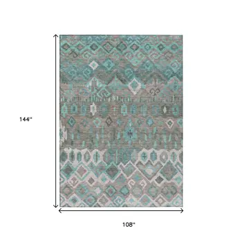 9' X 12' Teal Blue Gray And Ivory Geometric Washable Indoor Outdoor Area Rug