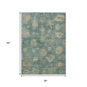 3' X 5' Artichoke Green Beige And Tan Floral Washable Indoor Outdoor Area Rug