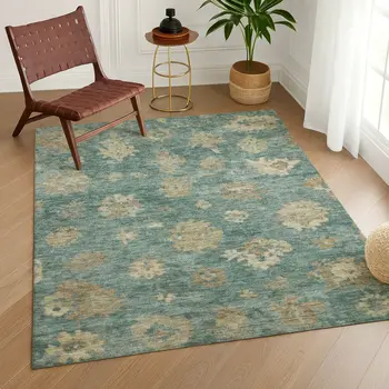 3' X 5' Artichoke Green Beige And Tan Floral Washable Indoor Outdoor Area Rug