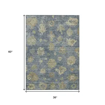 3' X 5' Blue And Beige Floral Washable Indoor Outdoor Area Rug