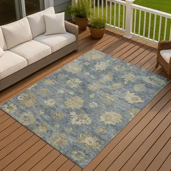 5' X 8' Blue And Beige Floral Washable Indoor Outdoor Area Rug