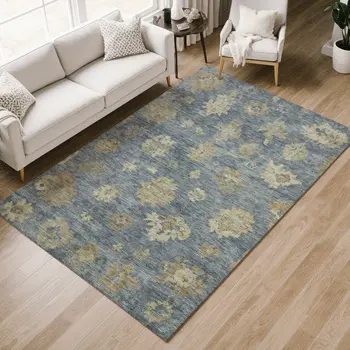 5' X 8' Blue And Beige Floral Washable Indoor Outdoor Area Rug