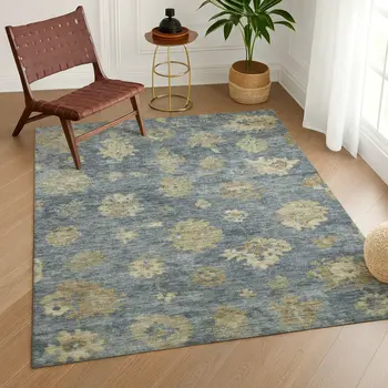 5' X 8' Blue And Beige Floral Washable Indoor Outdoor Area Rug