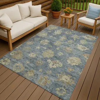 5' X 8' Blue And Beige Floral Washable Indoor Outdoor Area Rug