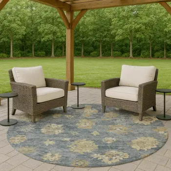 8' Blue And Beige Round Floral Washable Indoor Outdoor Area Rug
