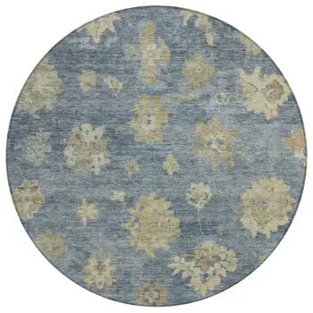 8' Blue And Beige Round Floral Washable Indoor Outdoor Area Rug