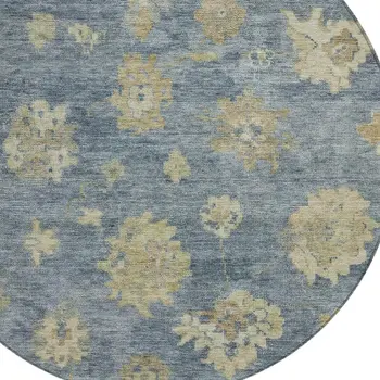 8' Blue And Beige Round Floral Washable Indoor Outdoor Area Rug