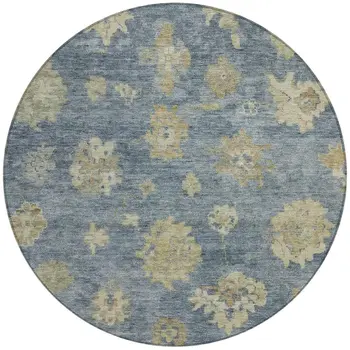 8' Blue And Beige Round Floral Washable Indoor Outdoor Area Rug