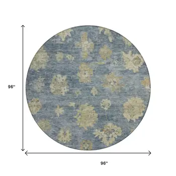 8' Blue And Beige Round Floral Washable Indoor Outdoor Area Rug