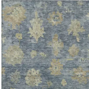 10' X 14' Blue And Beige Floral Washable Indoor Outdoor Area Rug