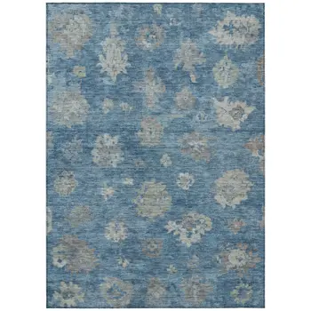 5' X 8' Denim Blue And Gray Floral Washable Indoor Outdoor Area Rug