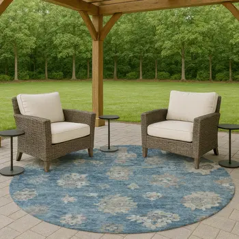 8' Denim Blue And Gray Round Floral Washable Indoor Outdoor Area Rug