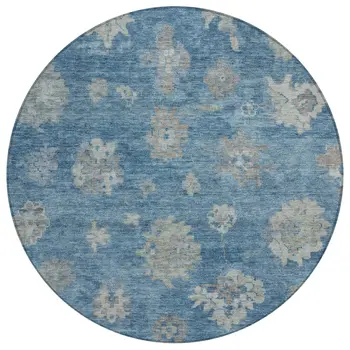 8' Denim Blue And Gray Round Floral Washable Indoor Outdoor Area Rug