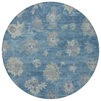 8' Denim Blue And Gray Round Floral Washable Indoor Outdoor Area Rug