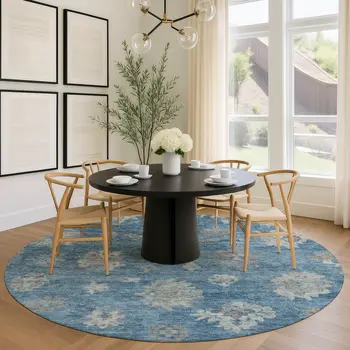 8' Denim Blue And Gray Round Floral Washable Indoor Outdoor Area Rug