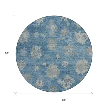 8' Denim Blue And Gray Round Floral Washable Indoor Outdoor Area Rug