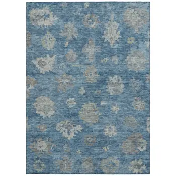 8' X 10' Denim Blue And Gray Floral Washable Indoor Outdoor Area Rug