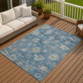 8' X 10' Denim Blue And Gray Floral Washable Indoor Outdoor Area Rug