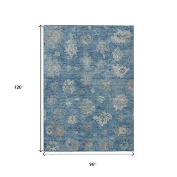 8' X 10' Denim Blue And Gray Floral Washable Indoor Outdoor Area Rug