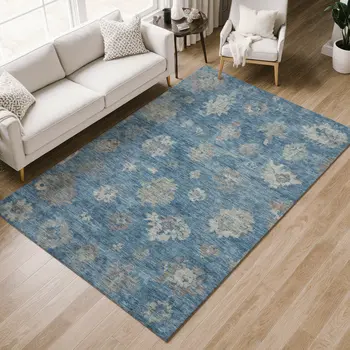8' X 10' Denim Blue And Gray Floral Washable Indoor Outdoor Area Rug