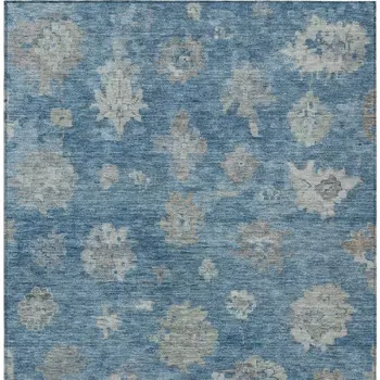10' X 14' Denim Blue And Gray Floral Washable Indoor Outdoor Area Rug