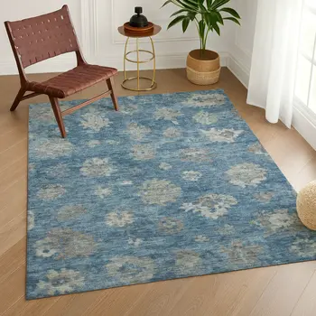 10' X 14' Denim Blue And Gray Floral Washable Indoor Outdoor Area Rug