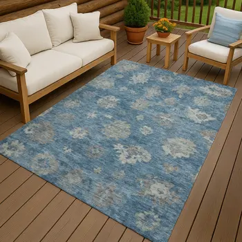 10' X 14' Denim Blue And Gray Floral Washable Indoor Outdoor Area Rug