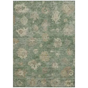 3' X 5' Fern Green And Beige Floral Washable Indoor Outdoor Area Rug