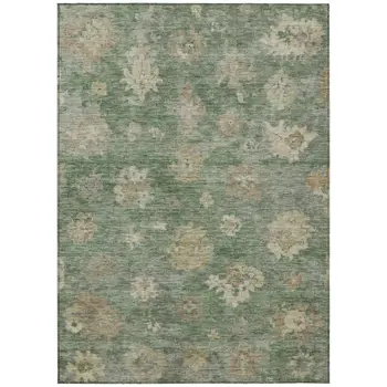 5' X 8' Fern Green And Beige Floral Washable Indoor Outdoor Area Rug