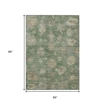 5' X 8' Fern Green And Beige Floral Washable Indoor Outdoor Area Rug