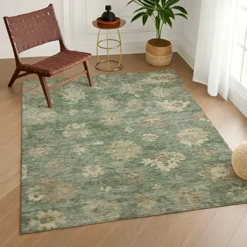 5' X 8' Fern Green And Beige Floral Washable Indoor Outdoor Area Rug