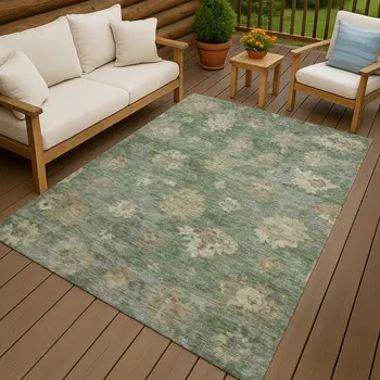 5' X 8' Fern Green And Beige Floral Washable Indoor Outdoor Area Rug