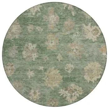 8' Fern Green And Beige Round Floral Washable Indoor Outdoor Area Rug