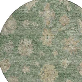 8' Fern Green And Beige Round Floral Washable Indoor Outdoor Area Rug