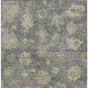 3' X 5' Pewter Gold And Beige Floral Washable Indoor Outdoor Area Rug