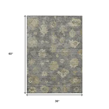 3' X 5' Pewter Gold And Beige Floral Washable Indoor Outdoor Area Rug